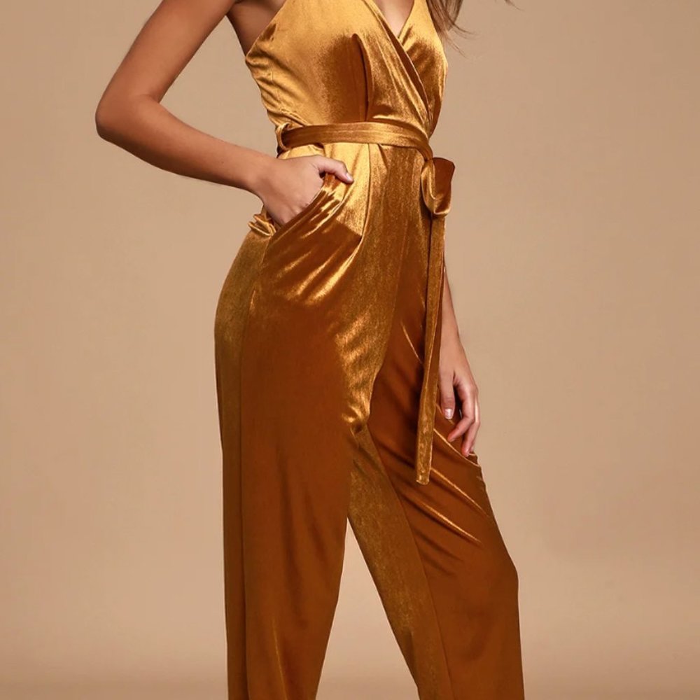 Lulu's Regal Evening Copper Velvet Surplice Jumpsuit